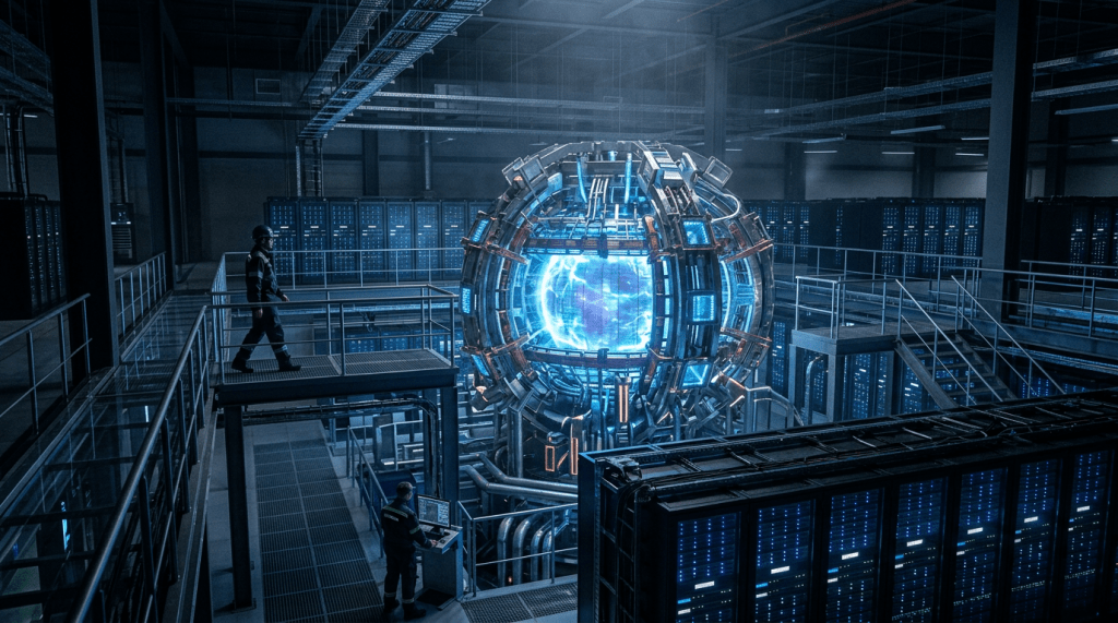Two technicians in futuristic lab overseeing a glowing blue spherical quantum energy core surrounded by servers